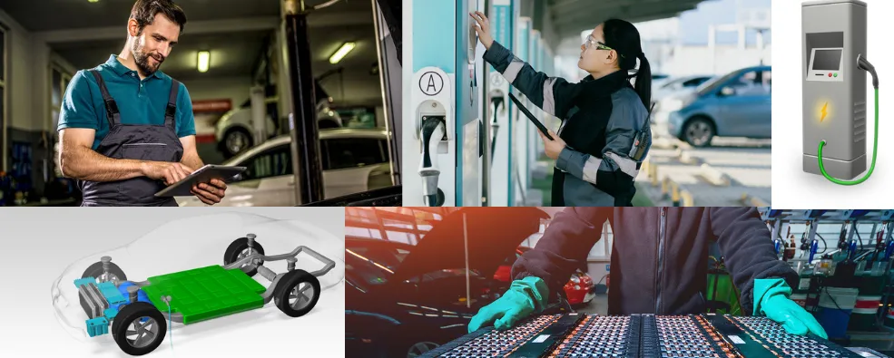 Tech working on EVs and charging station