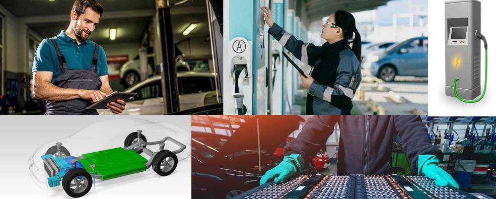 Tech working on EVs and charging station