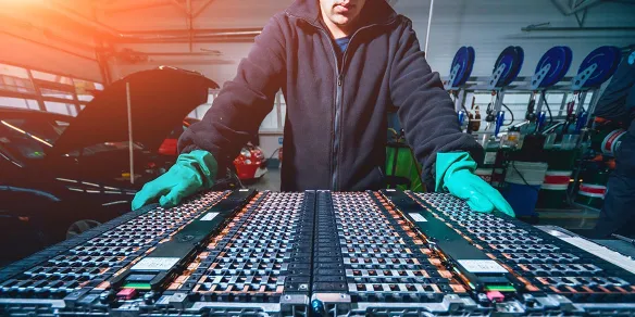 technician repairing an electric car battery